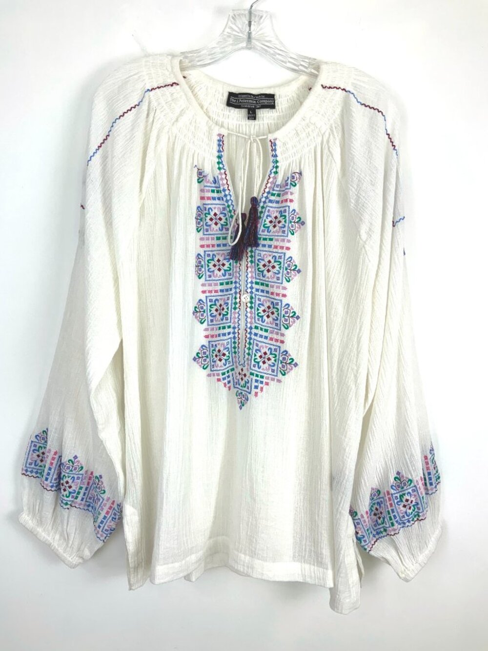 J Peterman Embroidered Cotton Peasant Blouse White Boho Tassel Split Neck Sz L - Picture 2 of 16